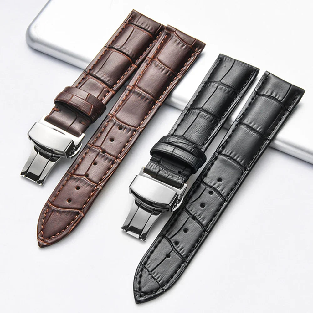 Genuine Leather Watch Strap with Wooden Box – Butterfly Clasp Bracelet 18-24mm Wristband