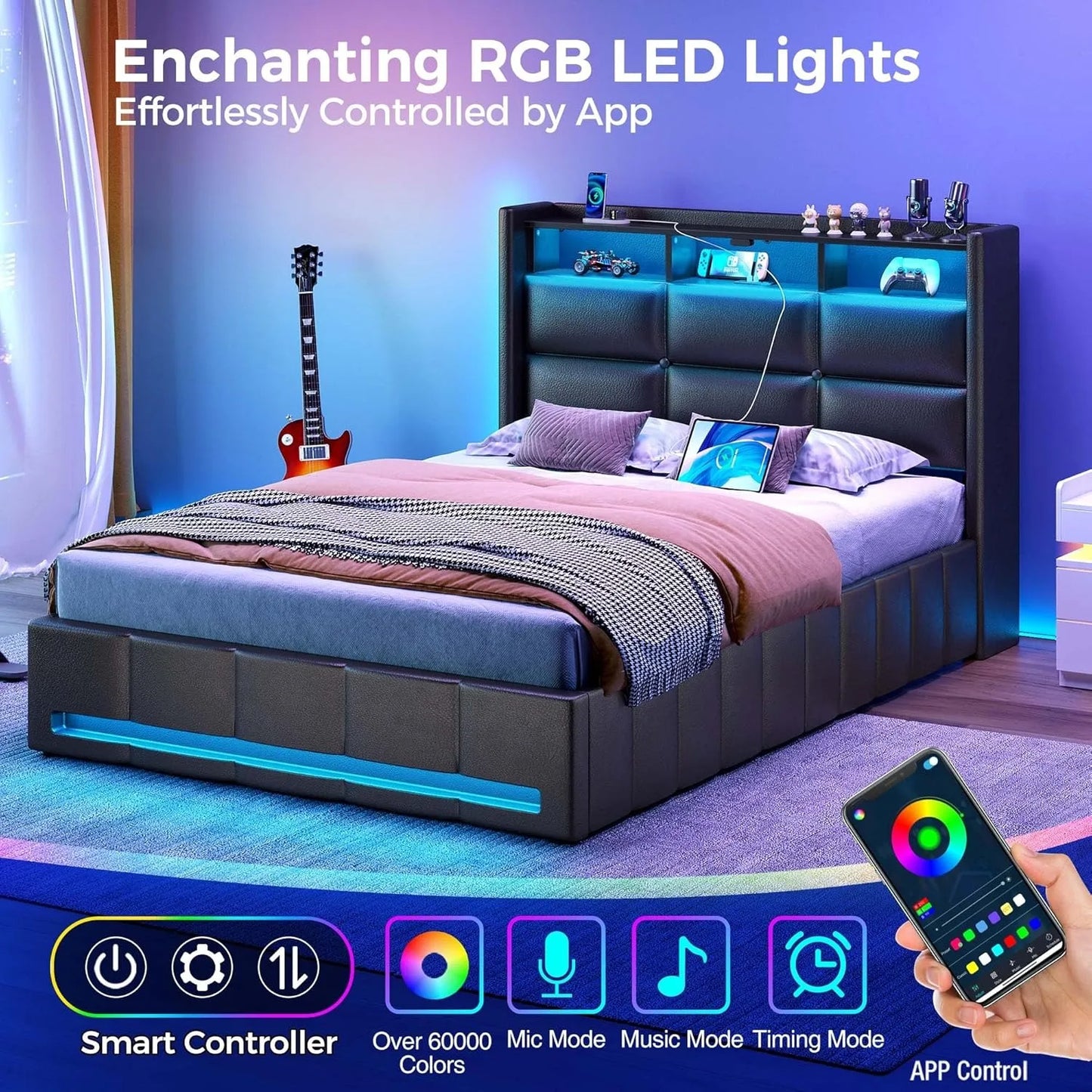 Twin Size Bed Frame with Lift-Up Storage – Charging Station, LED Lights & Upholstered Headboard, Heavy Duty Wooden Slats