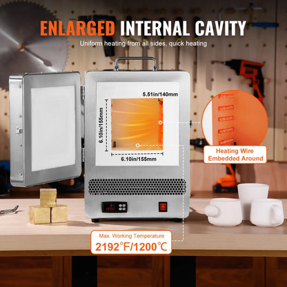 VEVOR 1500W Electric Melting Furnace – Max Temp 2192℉ Stainless Steel for Metal Clay, DIY Metal Tempering & Pottery Glazing