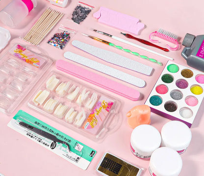 Nail Acrylic Powder and Liquid Monomer Kit – Crystal Nail Glitter, 3D Nail Tips, Carving Tools for Nail Art Decoration