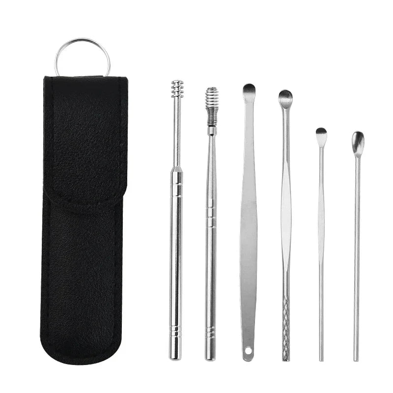 6PCS Stainless Steel Ear Wax Removal Kit | Ear Cleaner Pickers, Curette Spoons & Piercing Care Tools