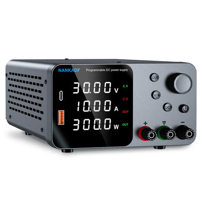 30V 10A Adjustable DC Lab Power Supply – 4-Digit LED Display, USB-A/Type-C 5V/3.6A Fast Charge with Encoder Control