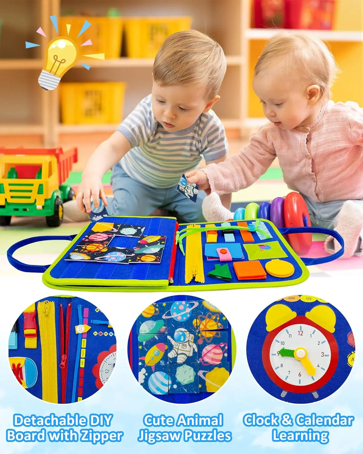 Montessori Toddler Busy Board – Dinosaur Dress-Up Sensory Toy for Learning Life Skills & Travel Backpack