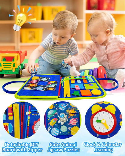 Toddler Montessori Busy Board – Dinosaur Dress-Up, Learning & Sensory Activities, Travel Toy & Life Skills Backpack