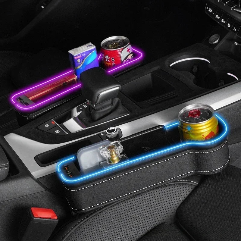 Car Crevice Storage Box with 2 USB Chargers & LED Light – Seat Gap Organizer for Phone, Cards, Bottles, and Cups