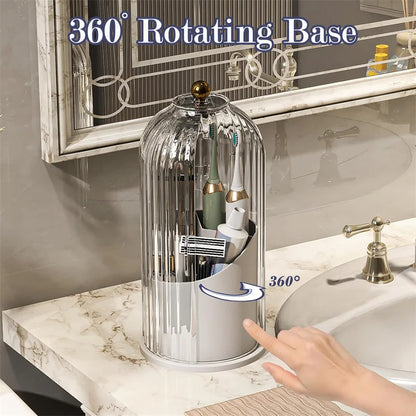 Rotating Toothbrush Holder with Sliding Lid – Dustproof 3-Slot Countertop Organizer for Electric Toothbrush & Toothpaste