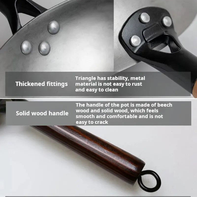 30cm Traditional Hand-Forged Iron Frying Pan, Non-Coated with Wooden Handle, Old-Style Household Cookware