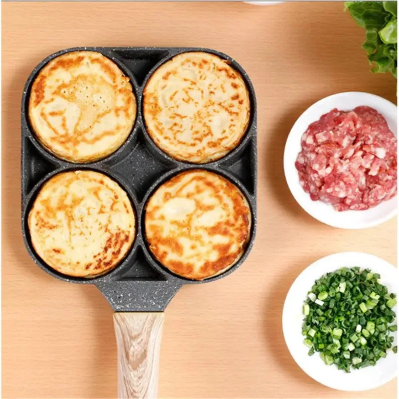 4-Hole Nonstick Omelette Pan — Thickened Breakfast Skillet for Eggs, Steak, Burgers, and Induction Cooking
