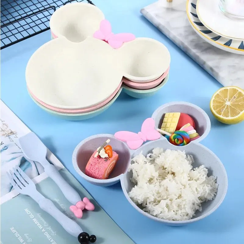 3Pcs/set Cartoon Baby Tableware Set: Wheat Straw Children's Dishes with Bowknot Food Plate, Spoon, Fork - Kids Dinner Feeding Plate
