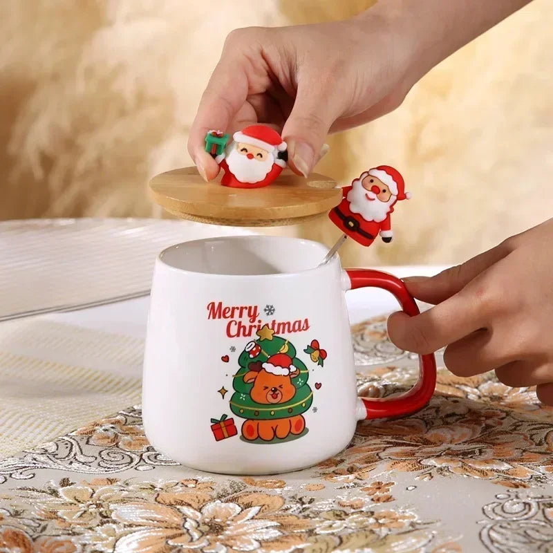 Christmas Gift Ceramic Mug Set - Mug with Lid and Spoon, Perfect Coffee Cup for Holiday Gifting