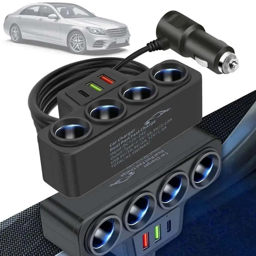 12V/24V Car Cigarette Lighter Adapter – 4 Socket USB Charger with QC3.0 & PD3.1A, 120W Car Accessories Port