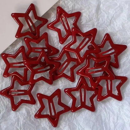 10 Pcs Red Star Snap Clips & Waterdrop Barrettes – Black & Silver Hairpin Accessories for Women Girls