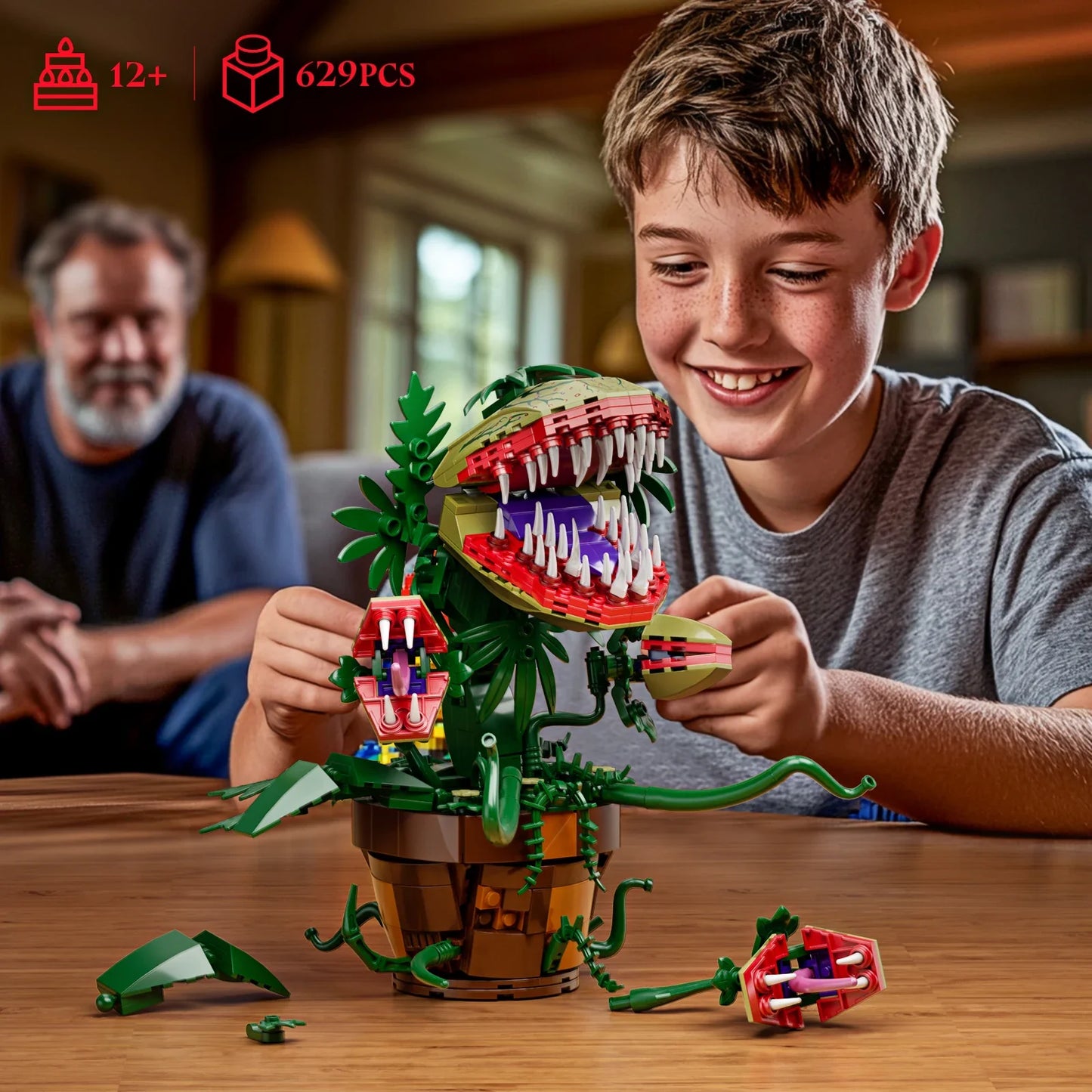 Audrey II Piranha Plant Building Blocks – 4 Openable Mouths Horror Shop Cannibal Toy, Halloween Gift for Kids