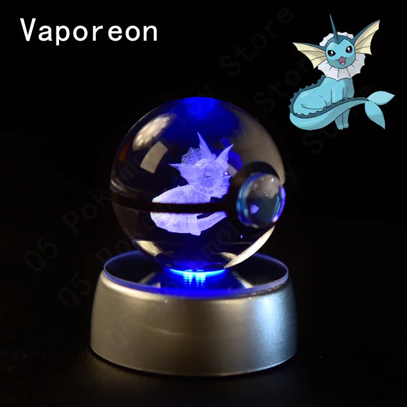 Pokemon 3D Crystal Ball Figurine — Pikachu, Gengar, Mew, Mewtwo Glass Statue with Lamp Base, Kids Birthday Gift