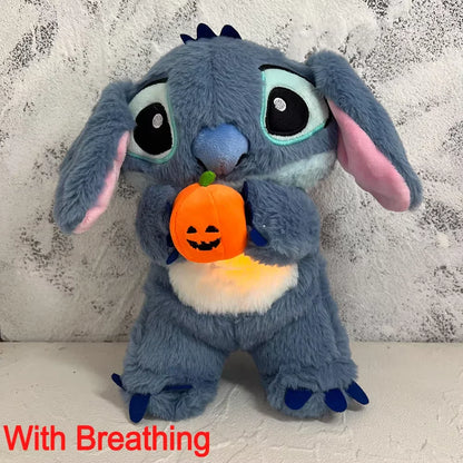 Disney Halloween Stitch Plush Doll – Pumpkin-Themed Soothing Toy with Light Breath Effect for Kids & Baby Gifts