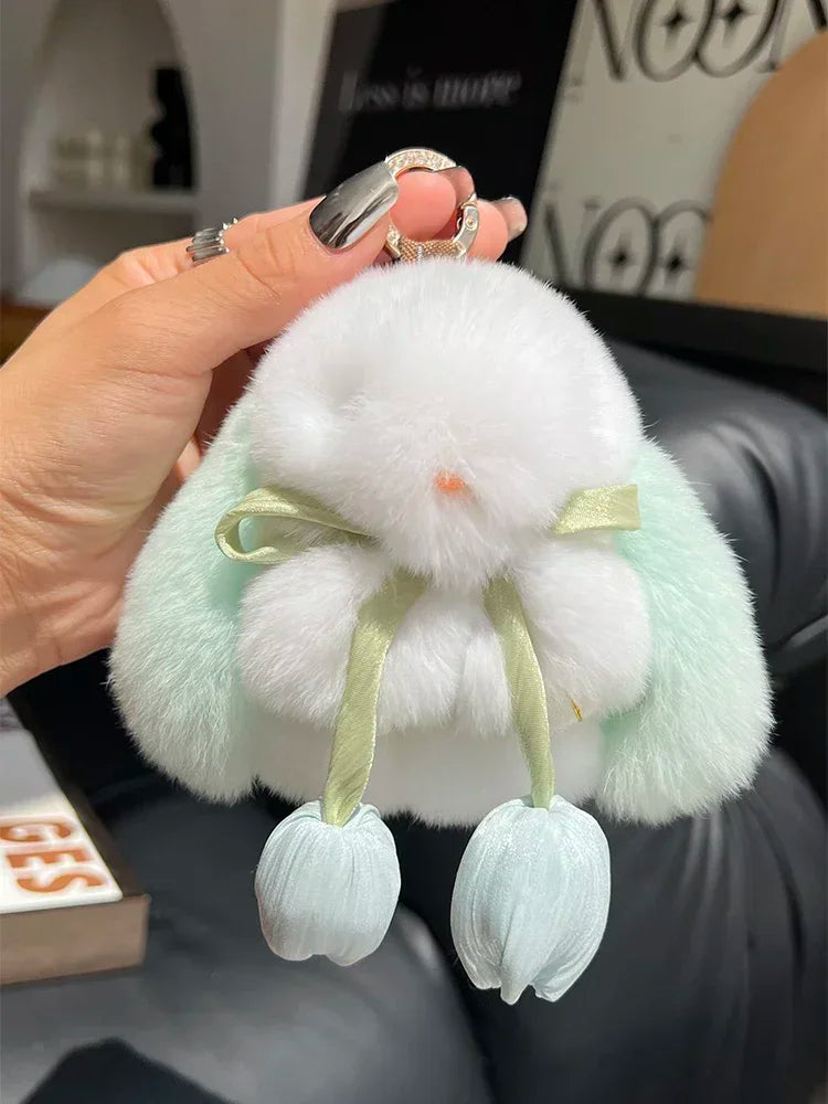 Cute Real Rex Rabbit Fur Keychain – Mini Bunny Pendant Bag Charm & Car Key Ring Plush Toy Gift for Women