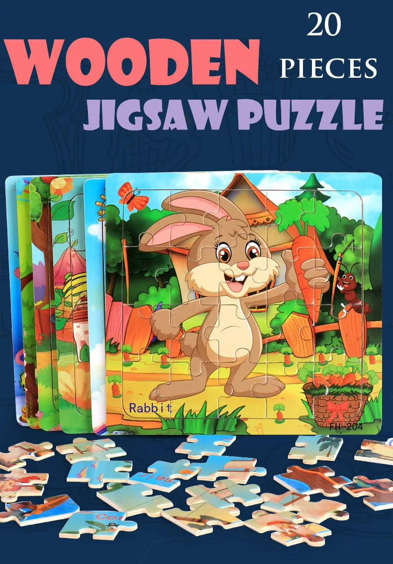 20-Piece Wooden Puzzle Set — Cartoon Animals, Cars, Letters & Numbers Educational Jigsaw Toys for Kids