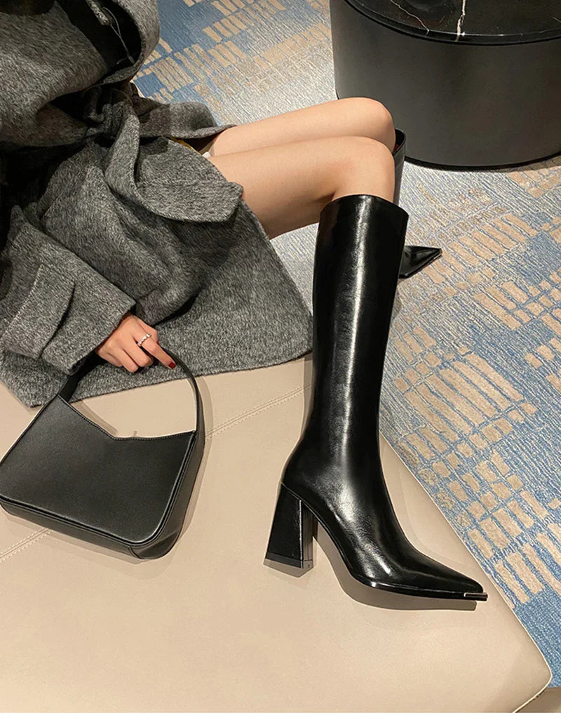 Pointed Toe Women's High Boots – Fashionable Side Zipper Long Booties, Elegant Party High Heel Shoes for Winter