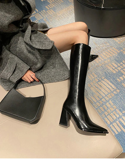 Pointed Toe Women's High Boots – Fashionable Side Zipper Long Booties, Elegant Party High Heel Shoes for Winter