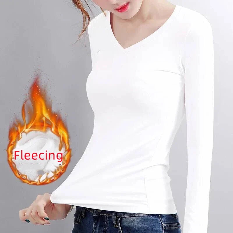 Women’s Thermal Velvet Long Sleeve Shirt - O Neck Slim Fit Cropped Bottoming Top for Winter Warmth