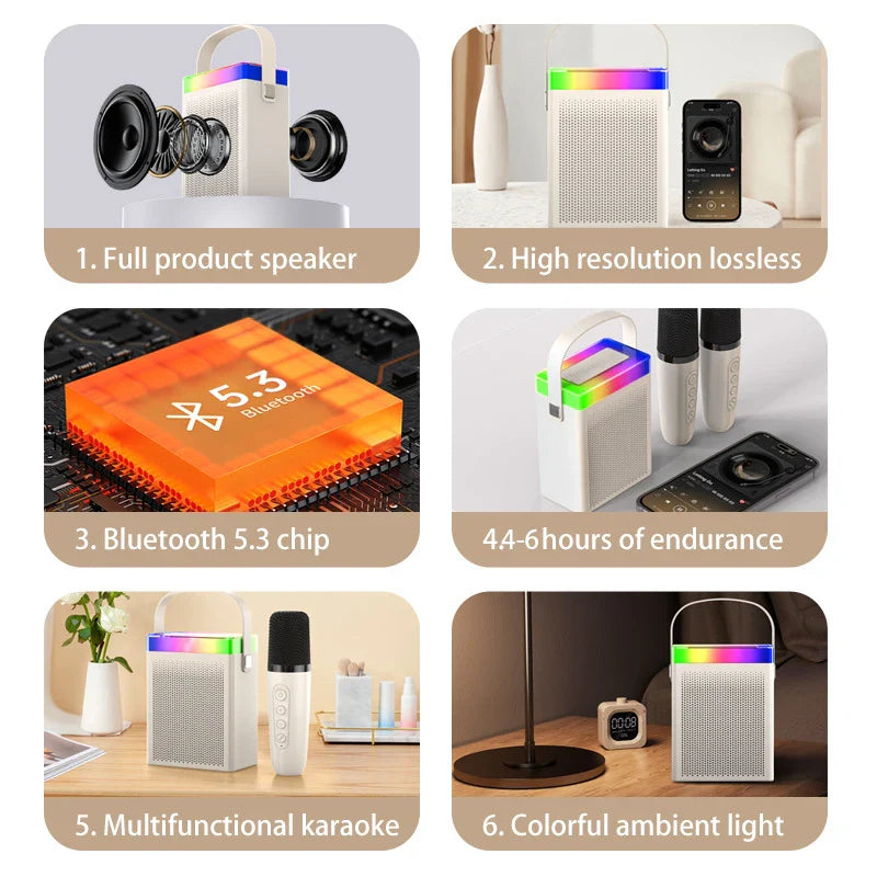 Mini Home Karaoke Machine - Portable Bluetooth 5.3 PA Speaker System with 1-2 Wireless Microphones, Ideal for Family Singing and Kids