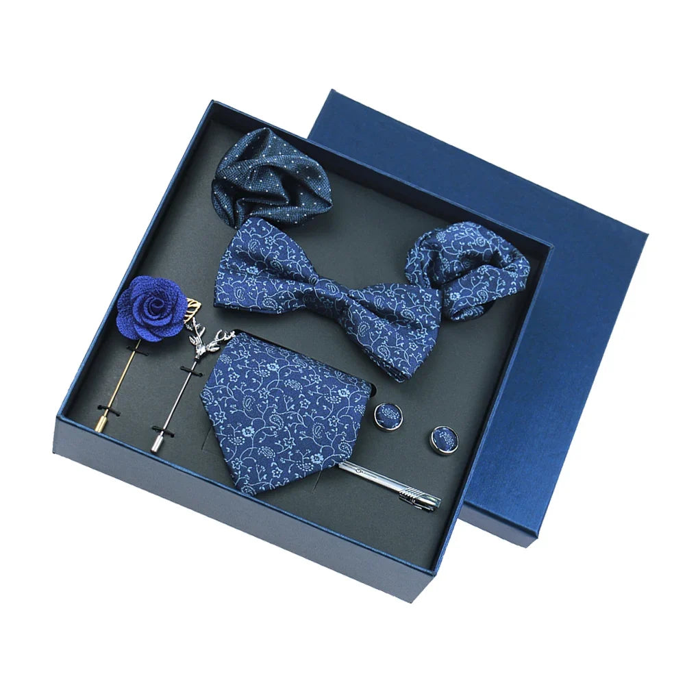 Men’s Luxury Silk Tie Set - 8cm Wedding Necktie with Bowtie, Pocket Square, Cufflinks & Floral Gift Box Accessories