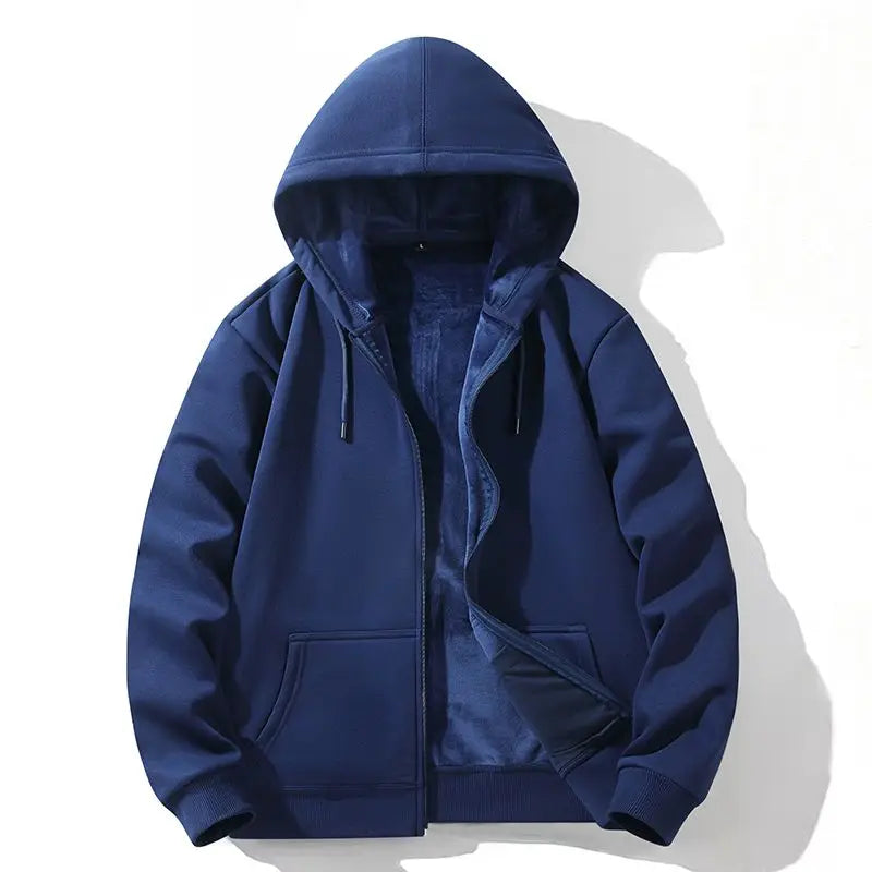 Zipper Hooded Sweatshirt – Autumn Winter Fleece-Lined Cotton Cardigan for Men & Women, Solid Color Y2K Style