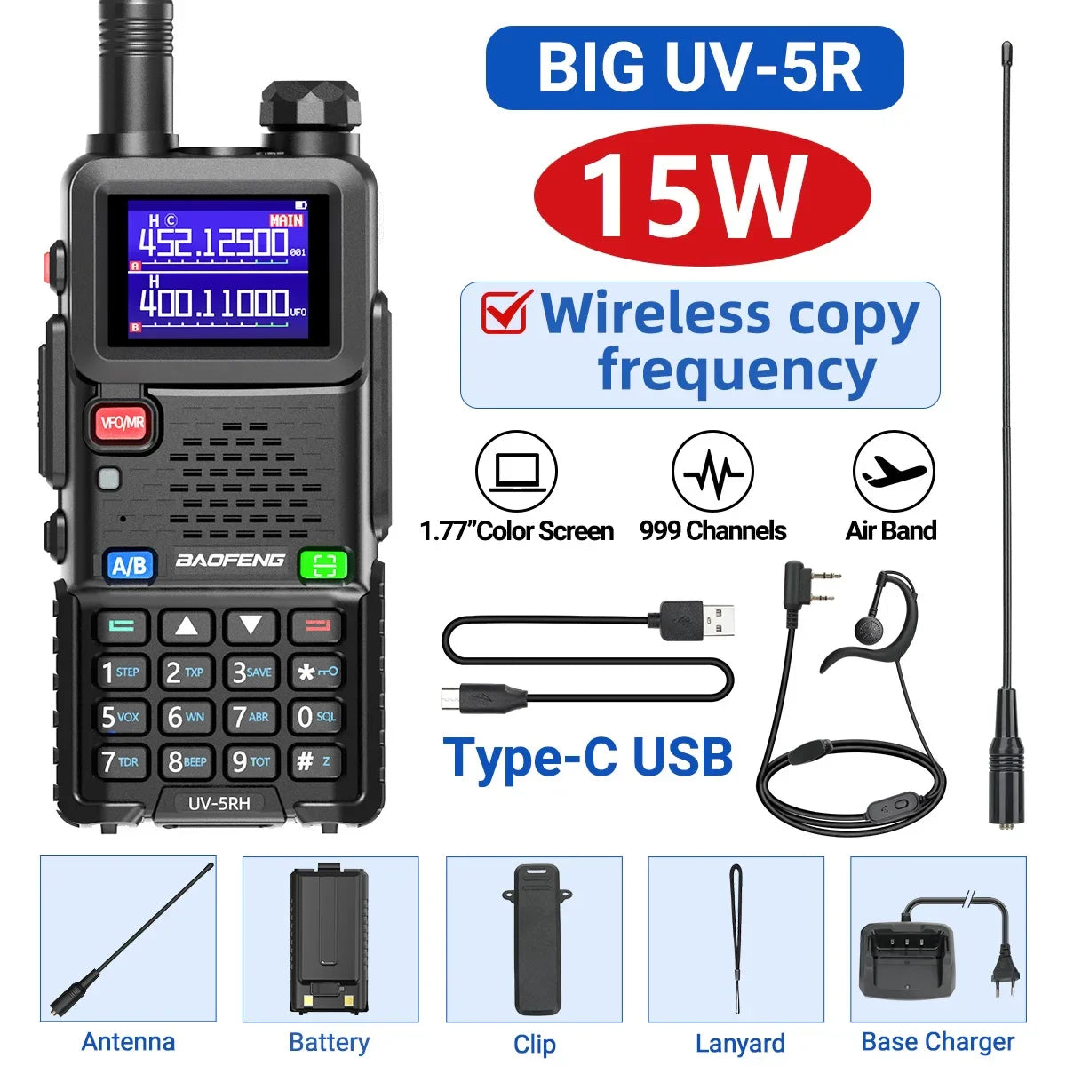 Baofeng UV-5RH 10W Air Band Walkie Talkie, Long Range Wireless Two-Way Ham Radio, Type-C UV-5R Transceiver