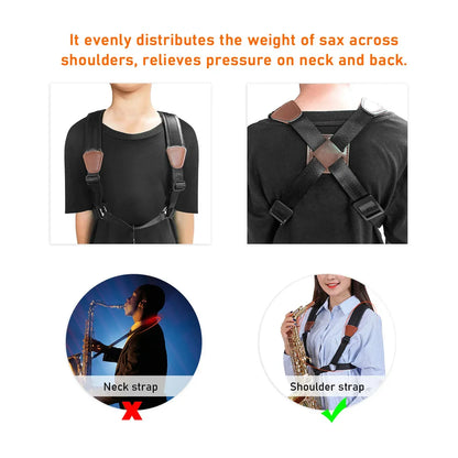 Miwayer Saxophone Strap — Universal Double Shoulder Leather Strap for Alto, Tenor & Soprano Saxophones (Adult & Child)