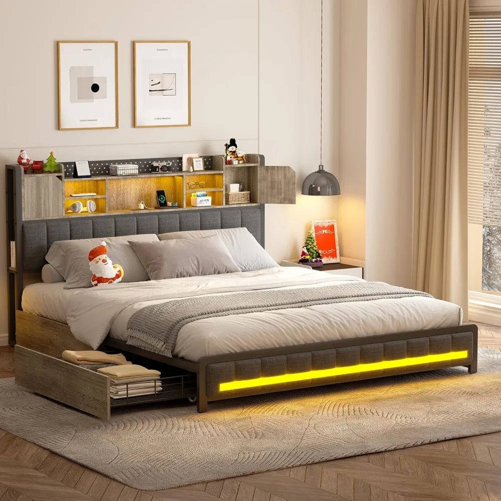Full Size Upholstered Bed Frame with Storage Drawers, Bookcase Headboard, LED Lights & USB Charging Station