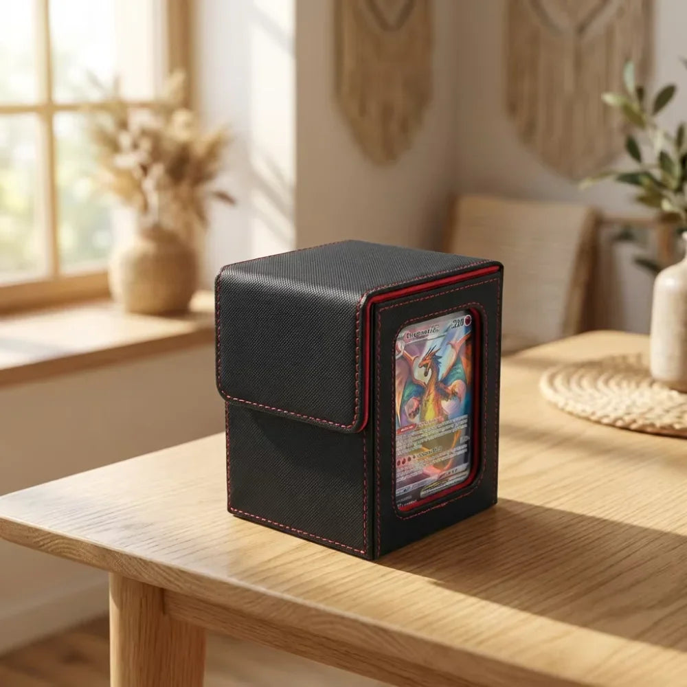 PU Leather Trading Card Deck Box for 120+ Sleeved Cards with Magnetic Closure & Display Window