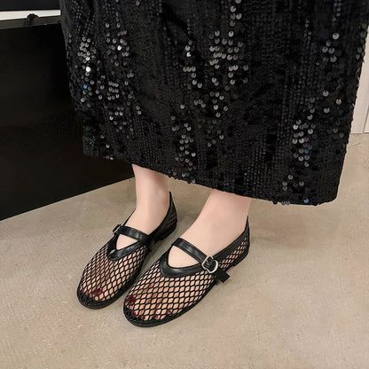 Women's Summer Fishnet Mary Jane Flats – Round Toe Cut-Out Buckle Comfort Shoes