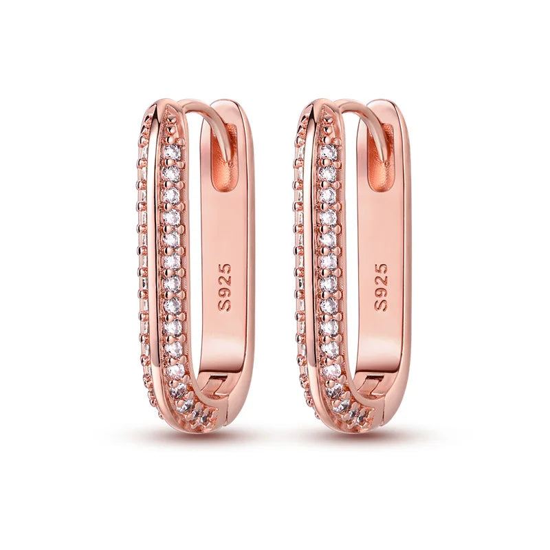 2024 New 925 Sterling Silver Rectangular Hoop Earrings with Zircon - Golden Luxury Wedding Gift for Women