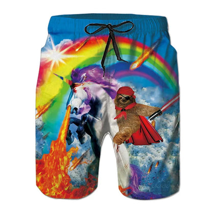 Men's Dinosaur Cat 3D Print Beach Shorts - Fun Hawaiian Swim Trunks