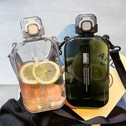 Elegant Slim Transparent Water Bottle - Flat Square Portable Travel Canteen with Adjustable Strap, Ideal for Sports and Camping