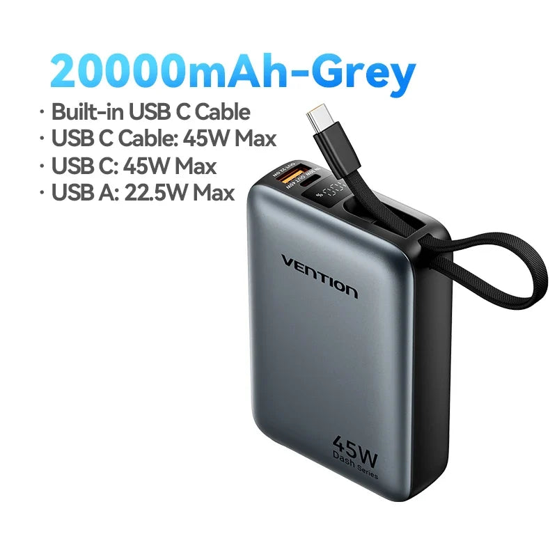 Vention 45W 20000mAh Power Bank - Fast Charging Portable Battery for iPhone, Samsung & Xiaomi