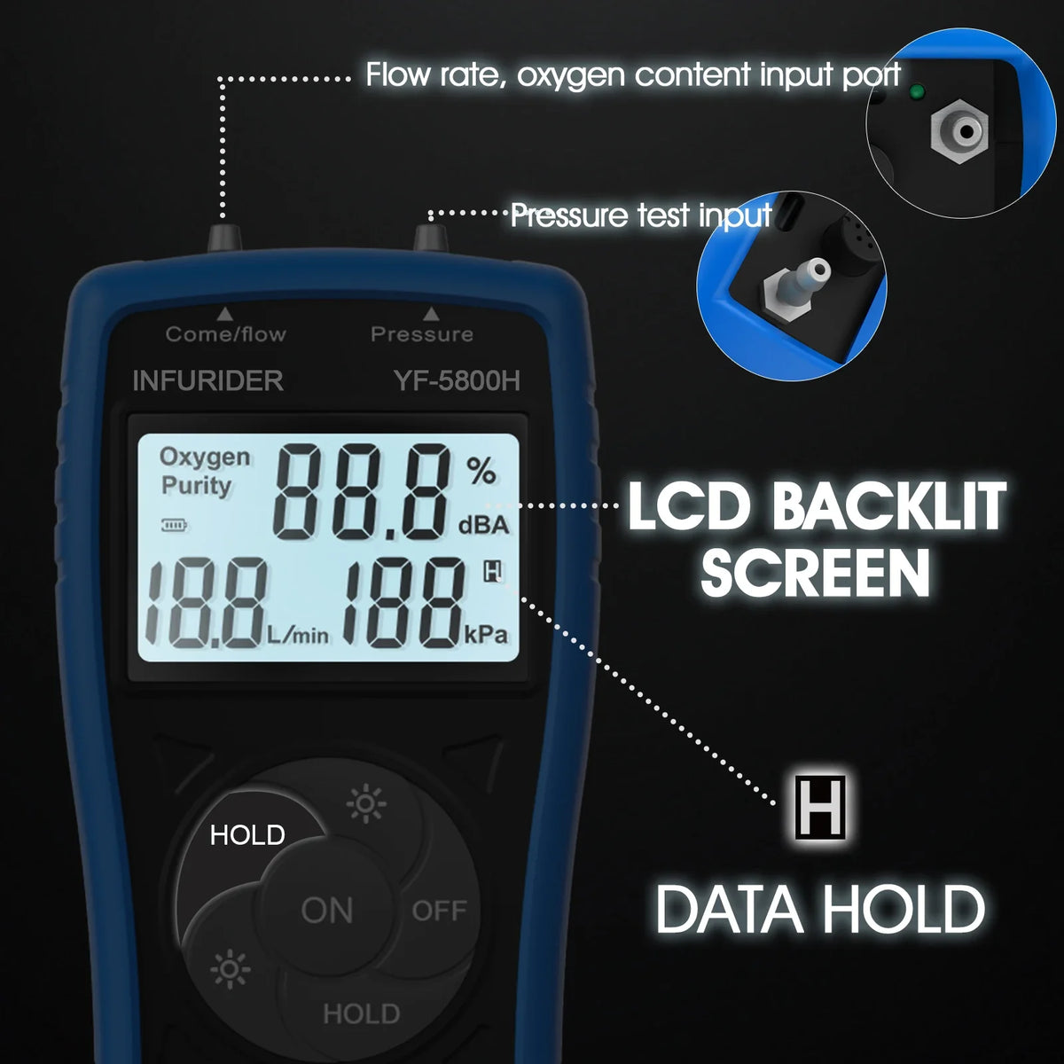Handheld 5800H 3-in-1 Oxygen Analyzer - Ultrasonic O2 Tester for Oxygen Concentrator Flow, Pressure & Concentration