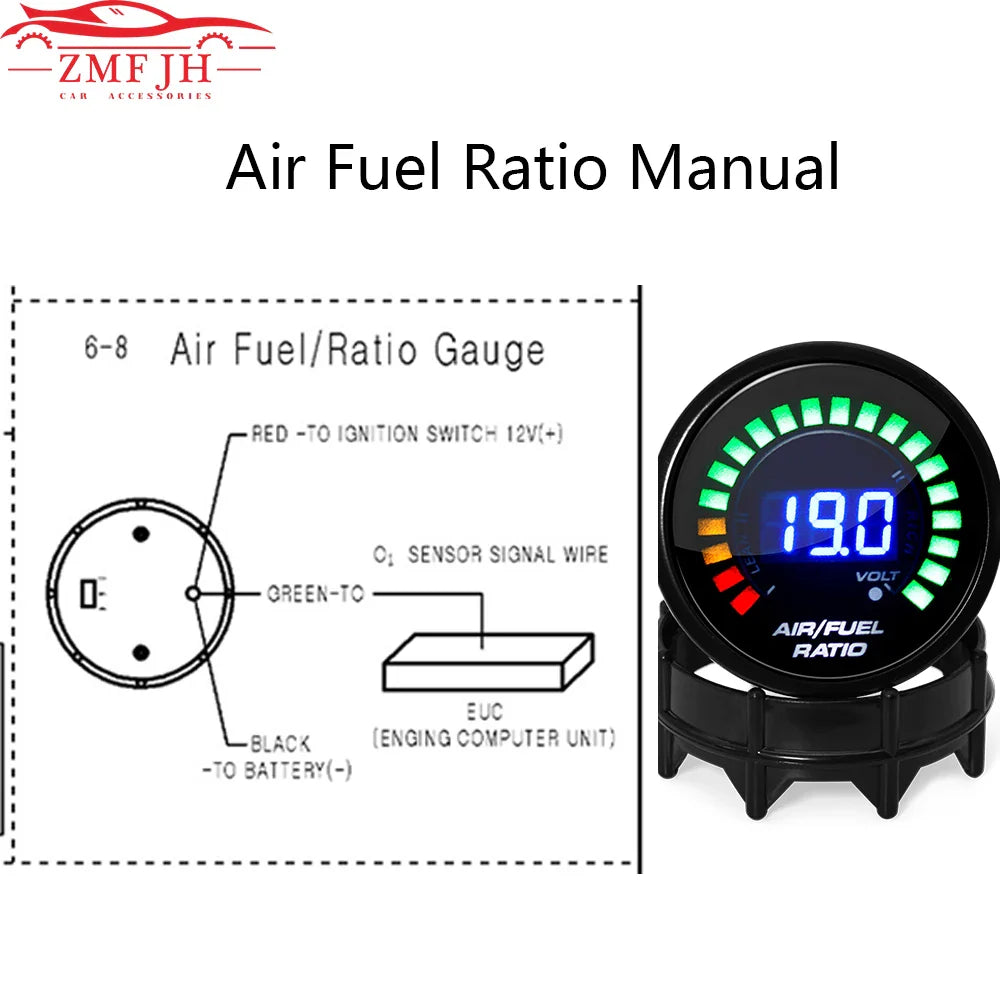 52mm Digital Air Fuel Ratio Gauge — AFR Display with Narrowband O2 Oxygen Sensor 0258006028, Smoked Car Gauge for Gasoline Engines, 12V
