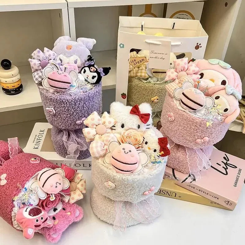 Sanrio Hello Kitty Plush Bouquet – Cute Cartoon Flowers with Cinnamoroll, Kuromi & My Melody Toys for Girls & Holiday Gifts