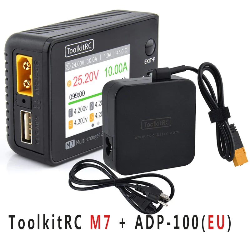 ToolkitRC M7 200W 10A DC Charger/Discharger — ADP100 Adapter for 1-6S LiPo, LiHV & LiFe Lion RC Batteries (EU/US)
