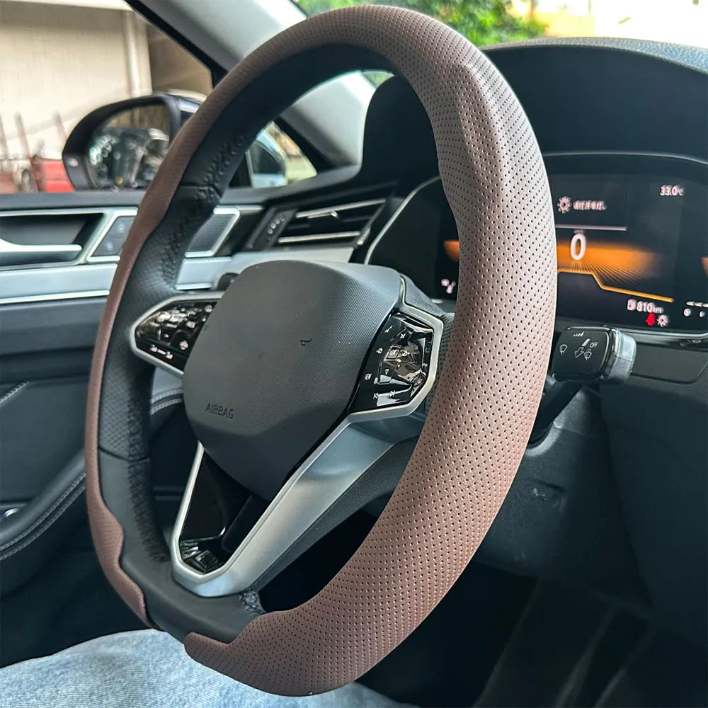 Universal Leather Steering Wheel Cover - Non-Slip Breathable Protector for 36-38cm Car Steering Wheels