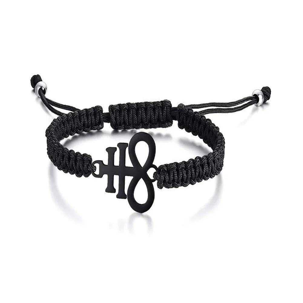 Leviathan Cross Woven Bracelet - Stainless Steel Satanic Style Totem Black Adjustable Knot Wrist Jewelry
