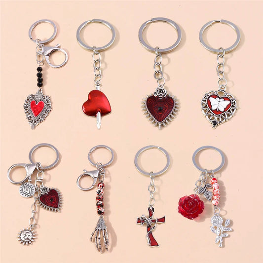 Retro Gothic Punk Heart Cross Keychain – Metal Flower Key Ring Pendant for Car Keys, Handbag Decor & Jewelry Gift