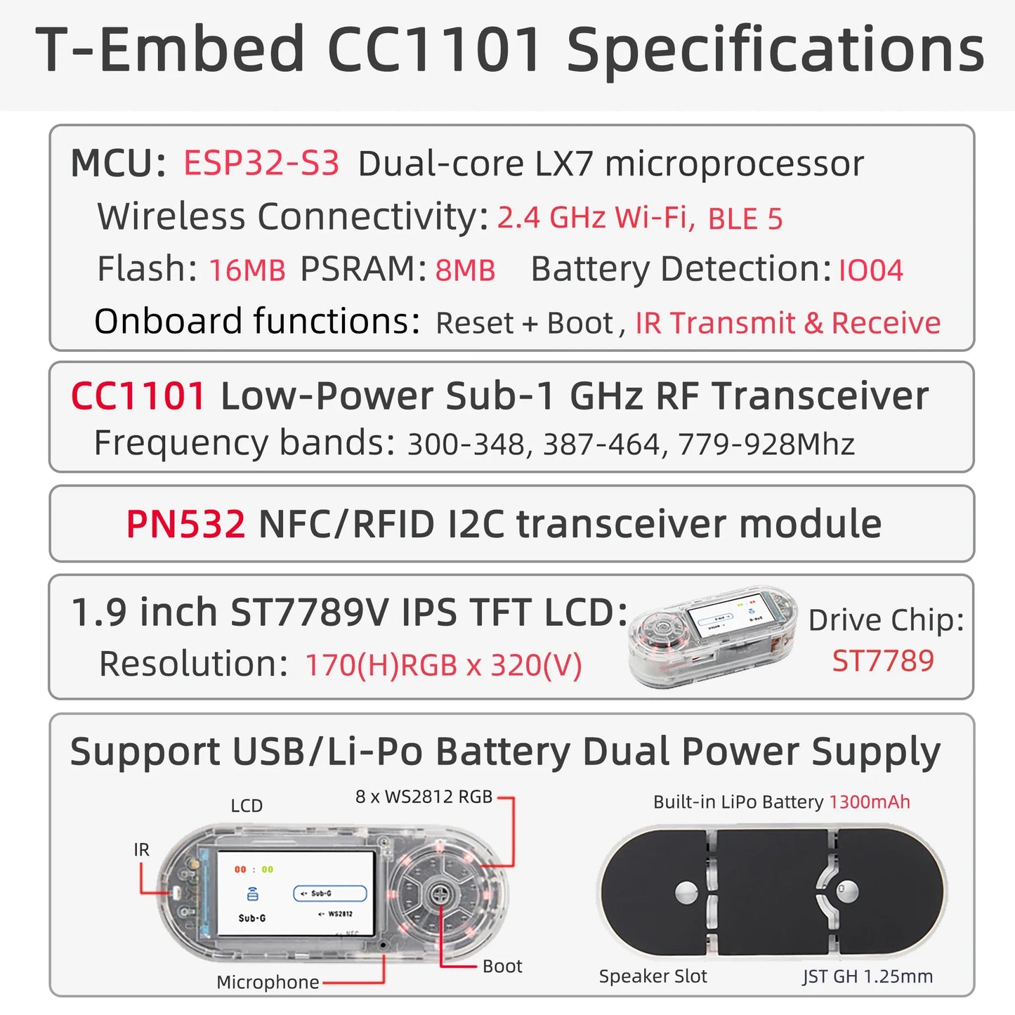 LILYGO® T-Embed ESP32-S3 with CC1101 Sub-1GHz RF Transceiver & PN532 NFC RFID I2C Module – LCD Board with Built-in 1300mAh Battery
