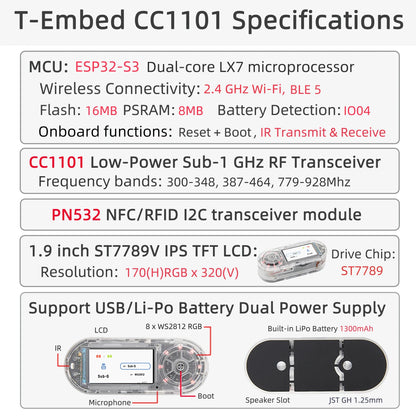 LILYGO® T-Embed ESP32-S3 with CC1101 Sub-1GHz RF Transceiver & PN532 NFC RFID I2C Module – LCD Board with Built-in 1300mAh Battery
