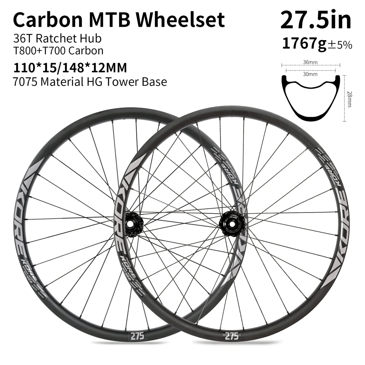 KORE MTB Carbon Wheelset – 27.5/29in Enduro & Downhill with 36T Ratchet HG Hub, BOOST, 28H, 30–36mm Width