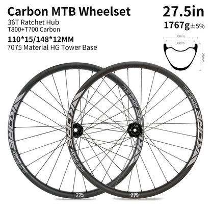 KORE MTB Carbon Wheelset – 27.5/29in Enduro & Downhill with 36T Ratchet HG Hub, BOOST, 28H, 30–36mm Width