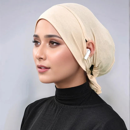 Women’s Tie-Back Jersey Hijab Cap - Stretchy Elastic Muslim Inner Underscarf with Ear-Covering Design
