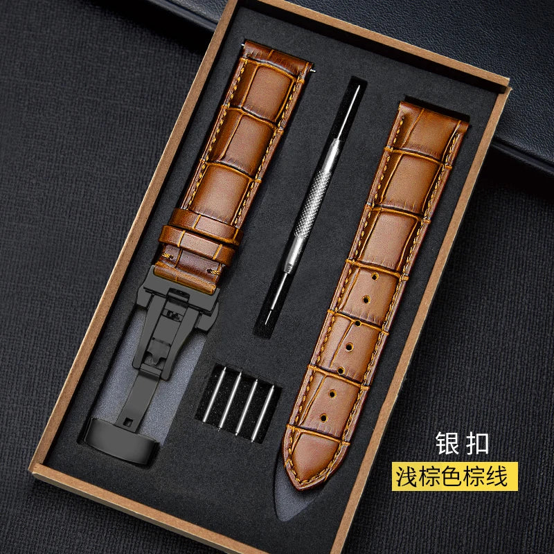 Genuine Leather Watch Strap with Wooden Box – Butterfly Clasp Bracelet 18-24mm Wristband