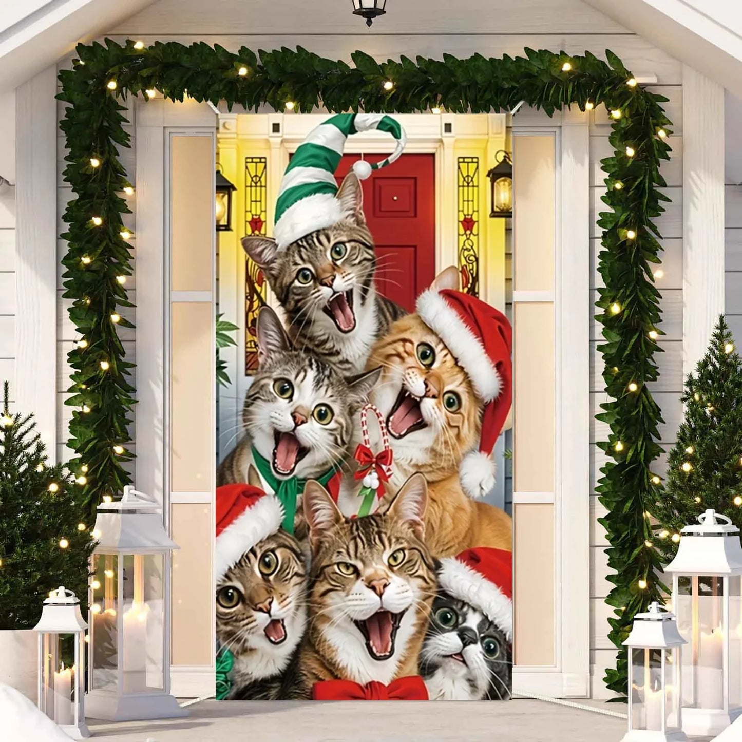 Cute Animals Christmas & New Year Door Cover – Dog, Cat, Snowman, Gingerbread Man Holiday Outdoor Winter Decoration Gift
